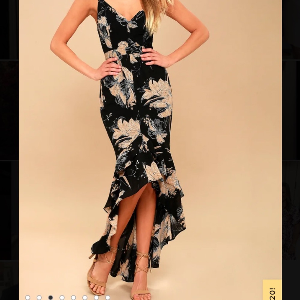 Lulus Darling Daylily Black Floral Print High-Low Maxi Dress